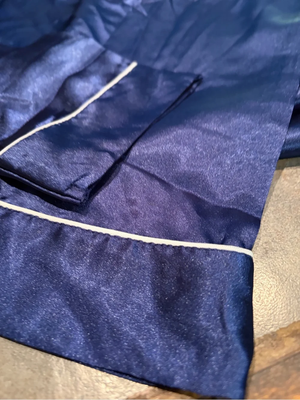 Women's Navy Satin like Pajama Top & Pants Set- white piping, long sleeve -Large